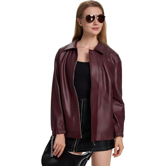 Women's Burgundy Faux Leather Zip-Up Jacket with Elastic Cuffs and Collar - Picture 3 of 6